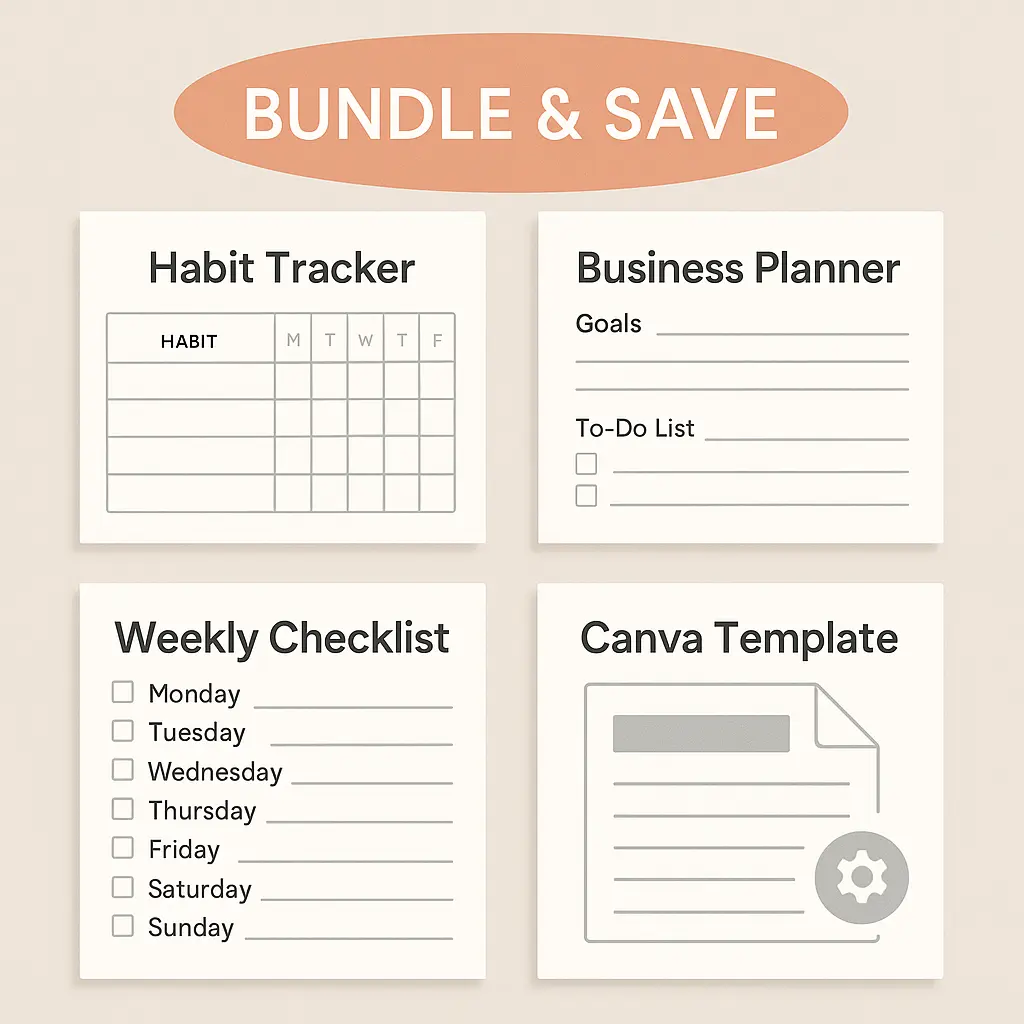 bundle and save graphic with habit tracker business planner weekly checklist and canva template digital products