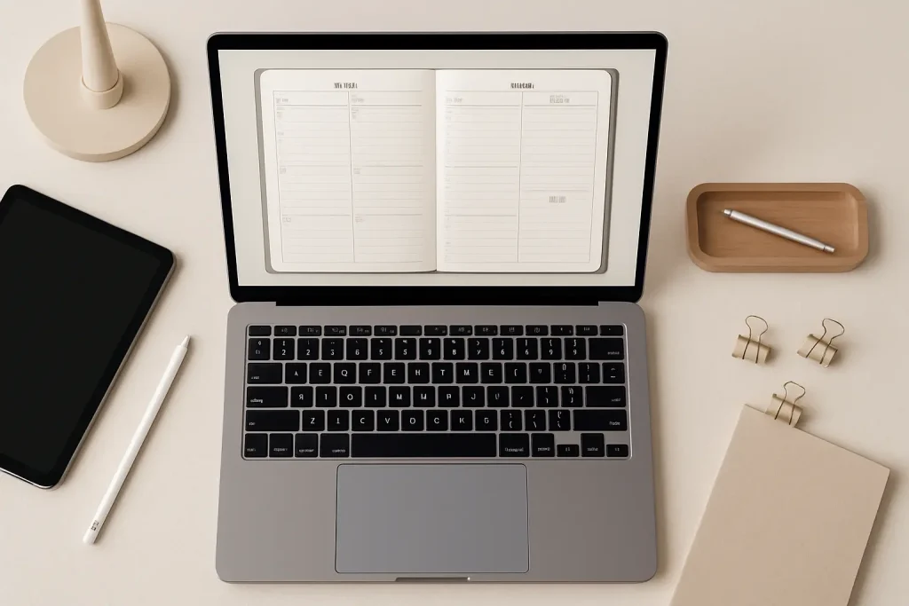 clean workspace with digital planner on laptop top down scene with tablet stylus and office tools