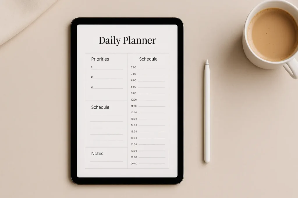 digital planner displayed on tablet in minimal workspace with stylus and coffee cup