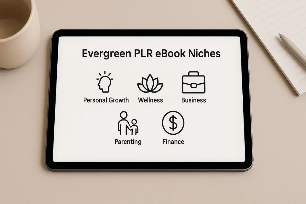 evergreen plr ebook niches personal growth wellness business parenting finance icons on tablet