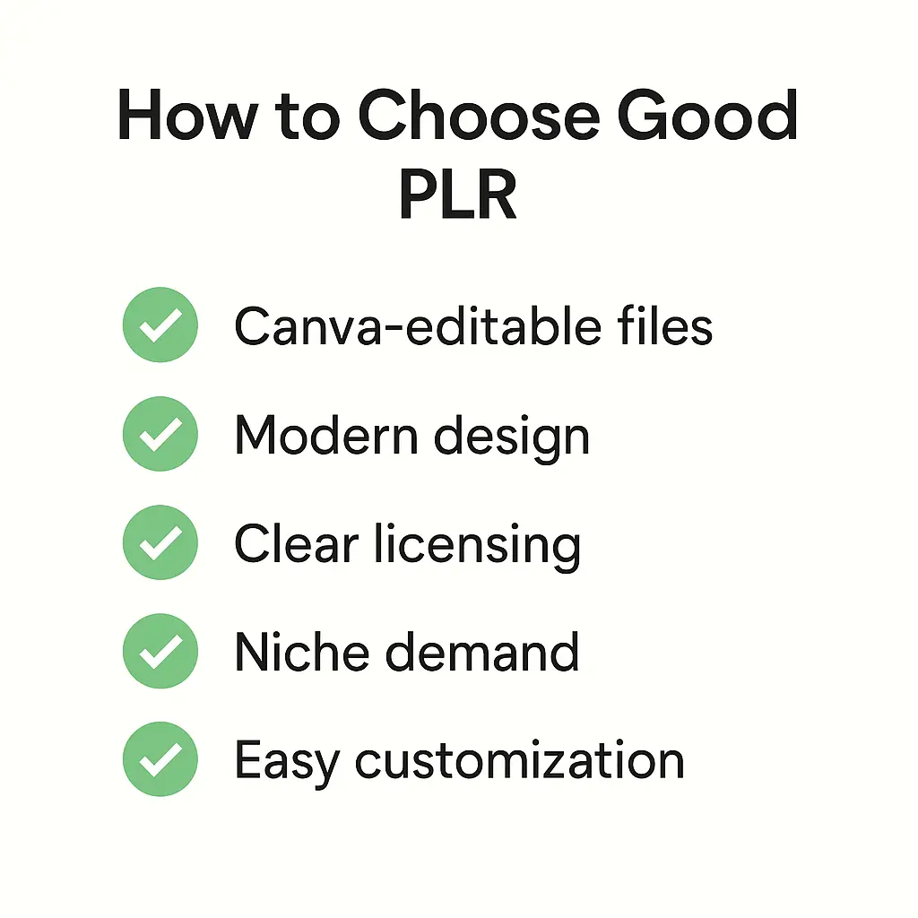 how to choose good plr checklist canva editable files modern design clear licensing niche demand easy customization