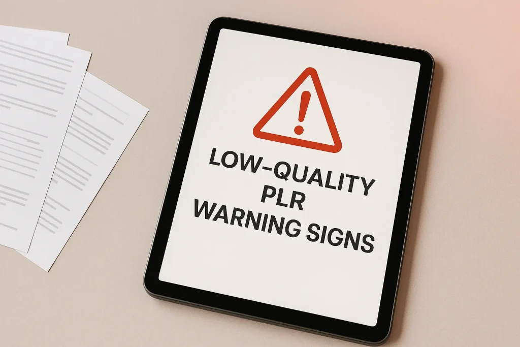 low quality plr warning signs tablet with red warning triangle and messy papers