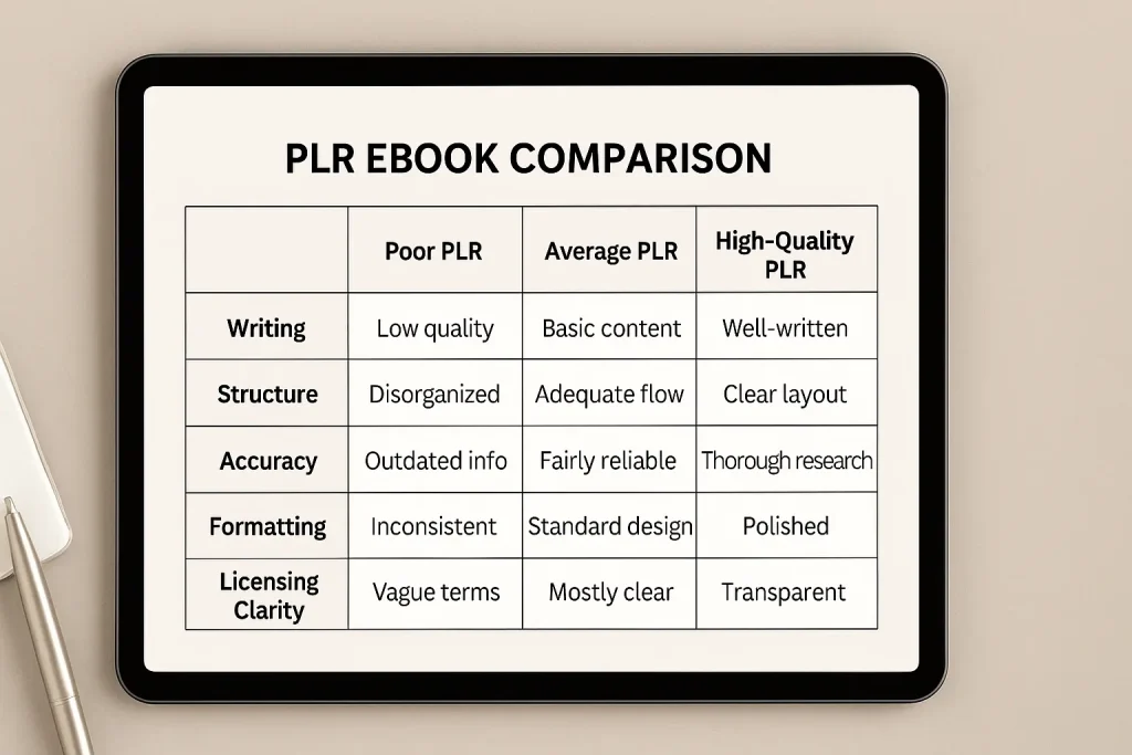 plr ebook comparison poor plr average plr high quality plr table criteria writing structure accuracy formatting licensing clarity