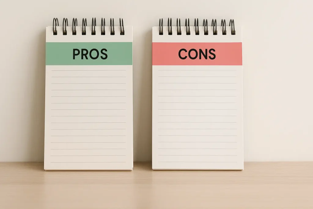 plr ebooks pros cons split graphic green pros red cons notepads