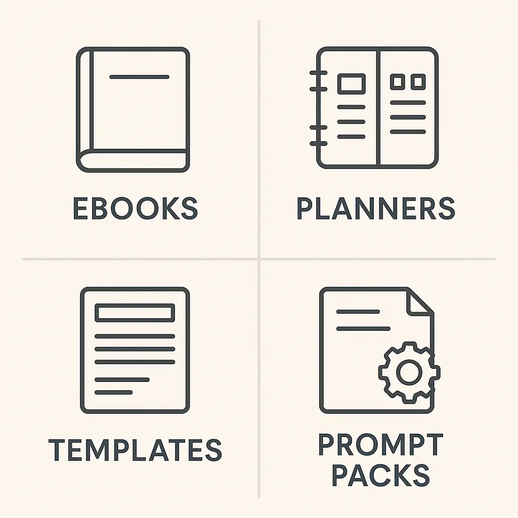 plr product types grid ebooks planners templates prompt packs