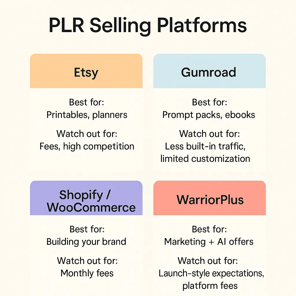 plr selling platforms etsy gumroad shopify woocommerce warriorplus best for watch out for comparison graphic