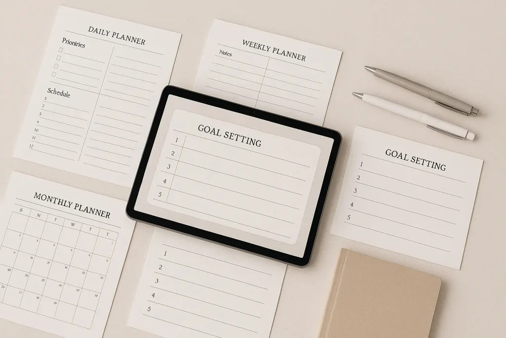 printed planner pages arranged on clean desk with soft neutral workspace flat lay