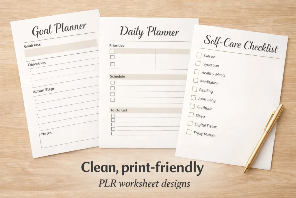 Clean, print-friendly PLR worksheet designs