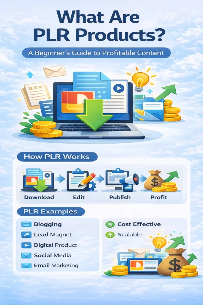 Diagram showing steps of using PLR products from download to publishing